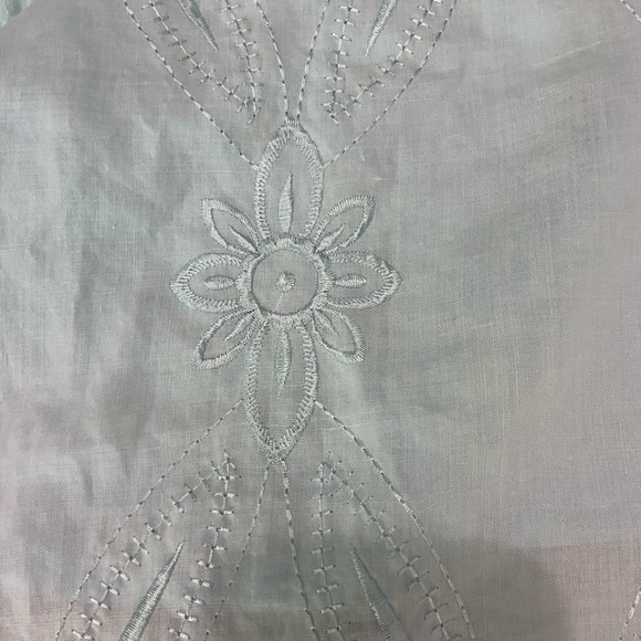 Shayan 100% Linen Vintage Mint Green Blouse, Floral Embroidery & Cut Outs, Large - Picture 5 of 10